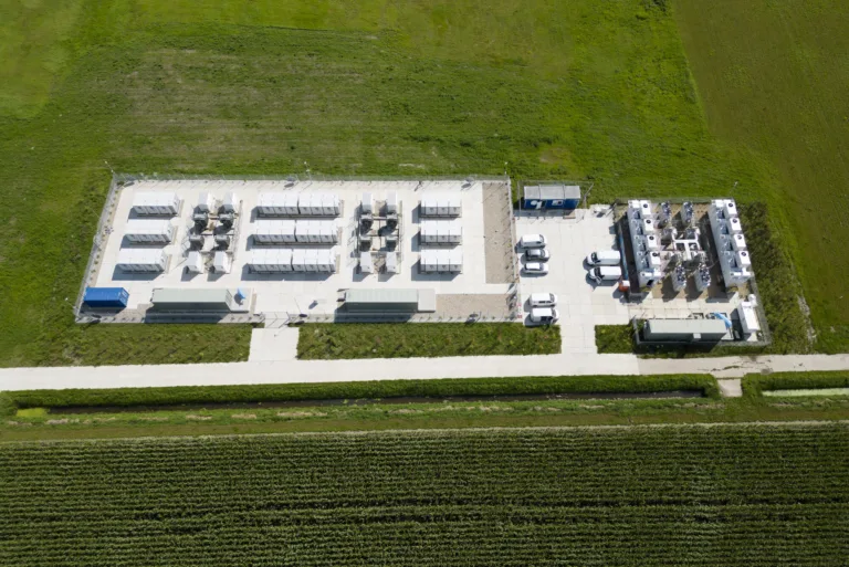 Image of batteries for energy storage supplying and stabilizing a larger amount of renewable energy to the electric grid