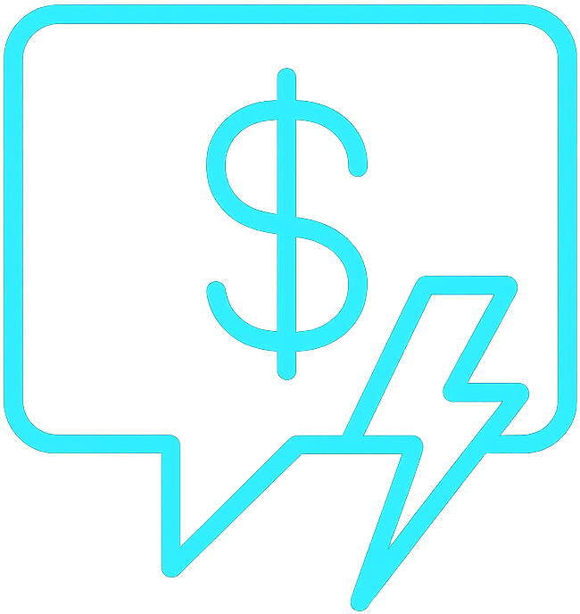 Icon of a lightning bolt in front of a chat box with a dollar sign inside it indicating we communicate financial benefits of power generation equipment financing.