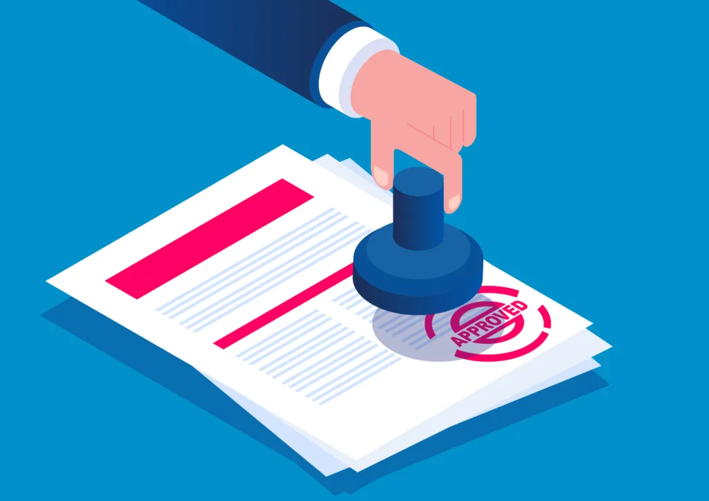 Graphic of a hand stamping approval on documents