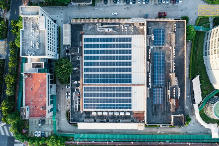 Aerial image of a solar-powered factory